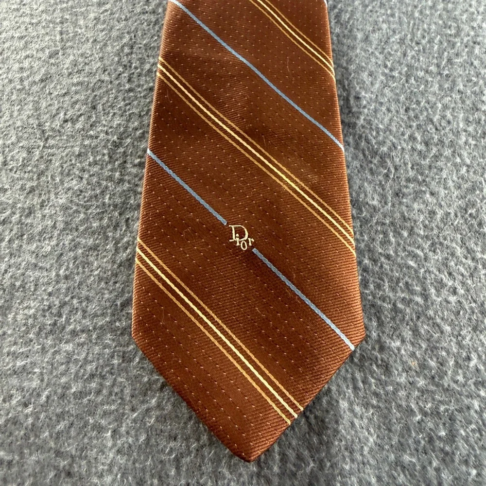 Christian Dior Tie Mens OS Brown Striped Silk Logo Designer Necktie Vintage